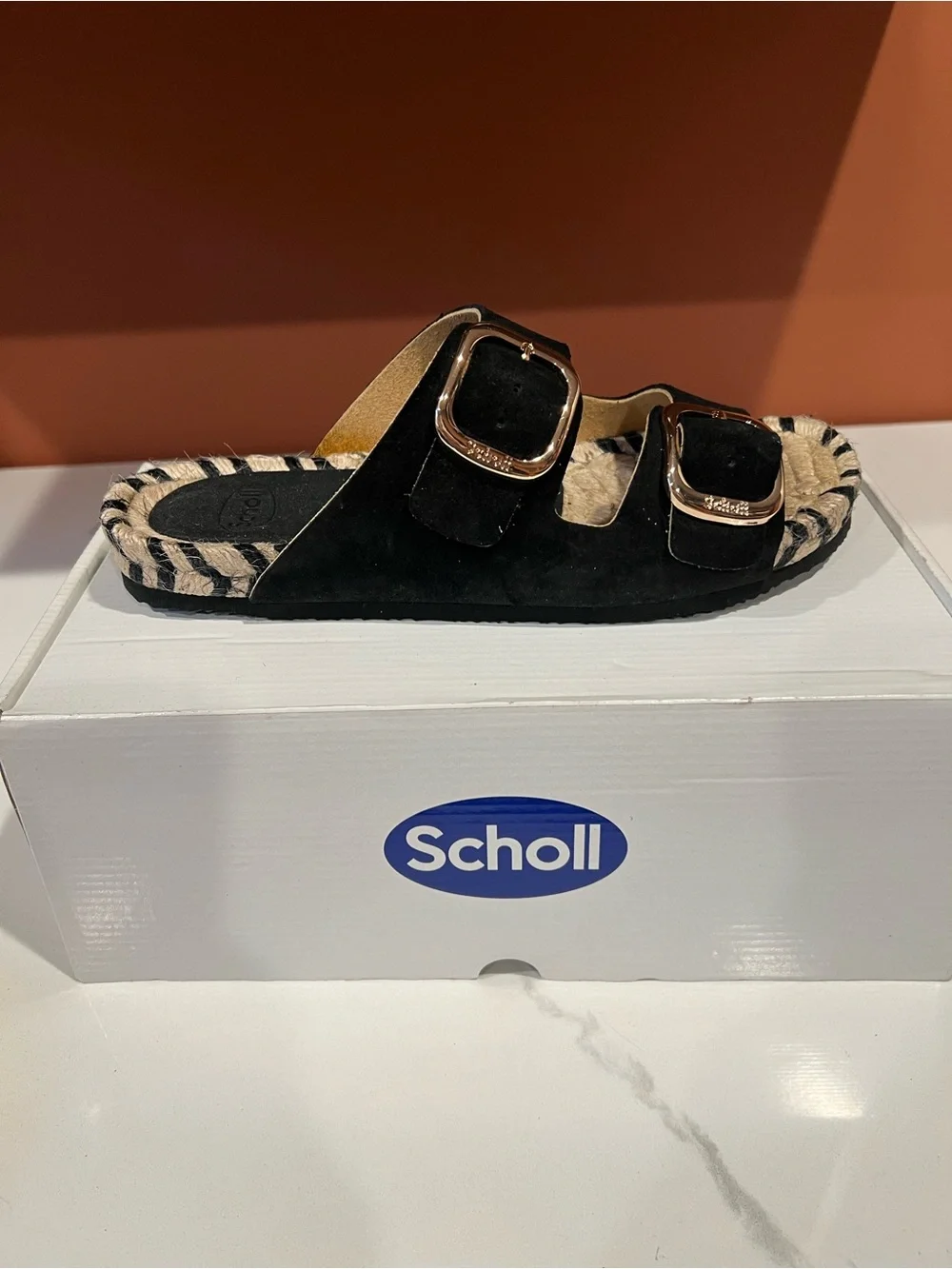 Dr. Scholl's Black Espadrille Wedge Sandals with Gold Buckles